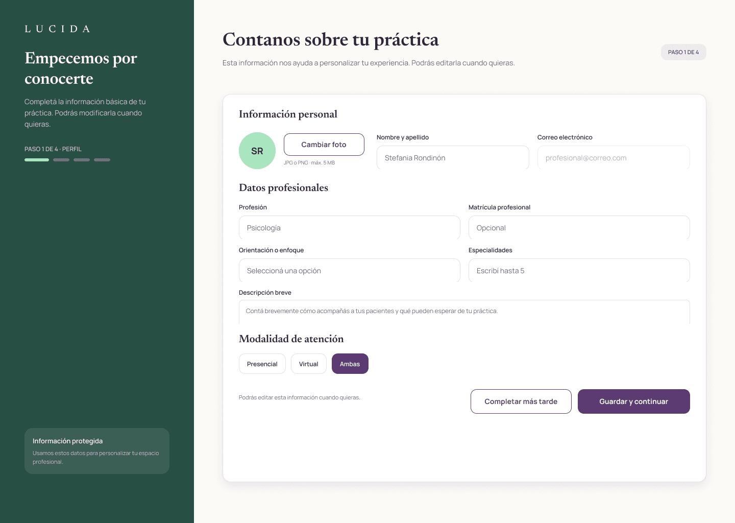 Configuración del perfil profesional en Lúcida